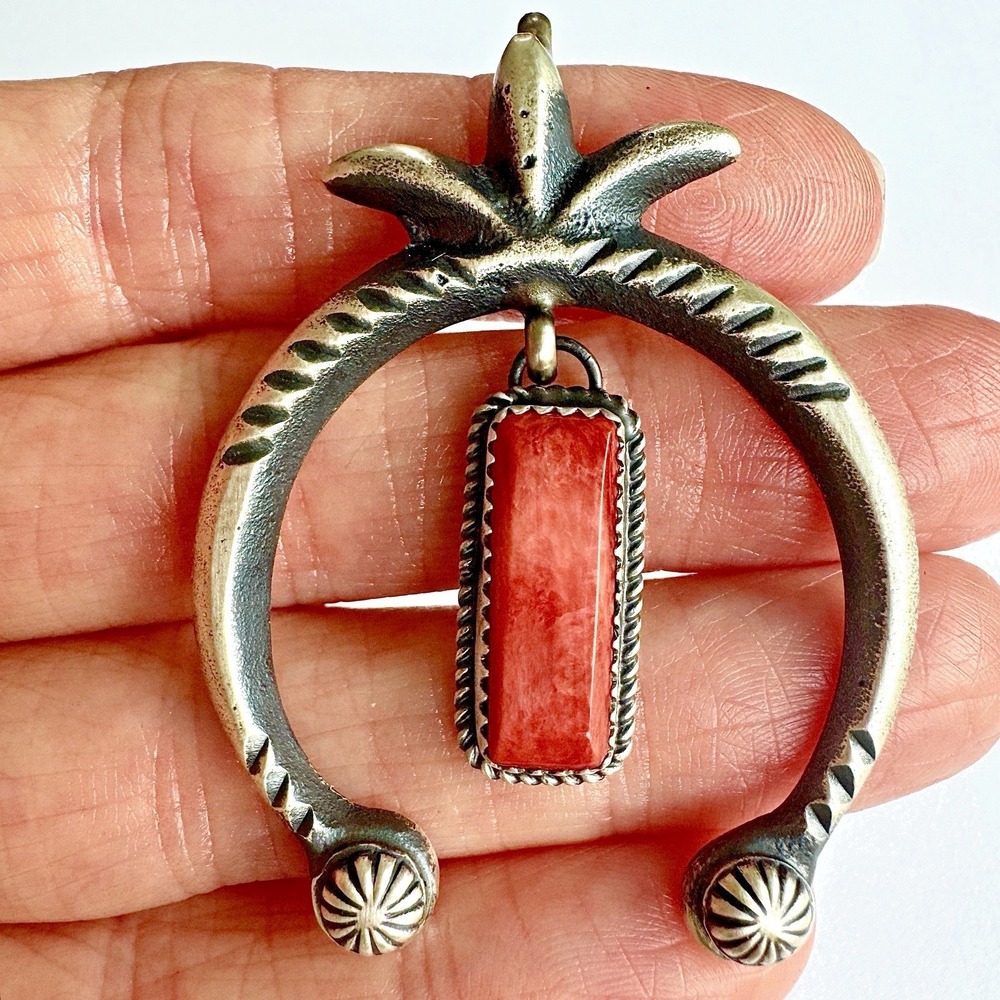 Navajo Naja Pendant Red Spiny Oyster Signed MC 2in Sterling Squash Blossom